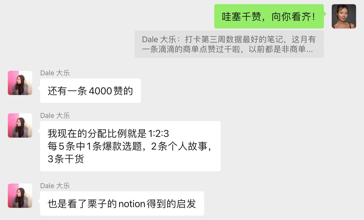 大乐分享一条4000赞的内容,并表示内容分配受到栗子Notion的启发。