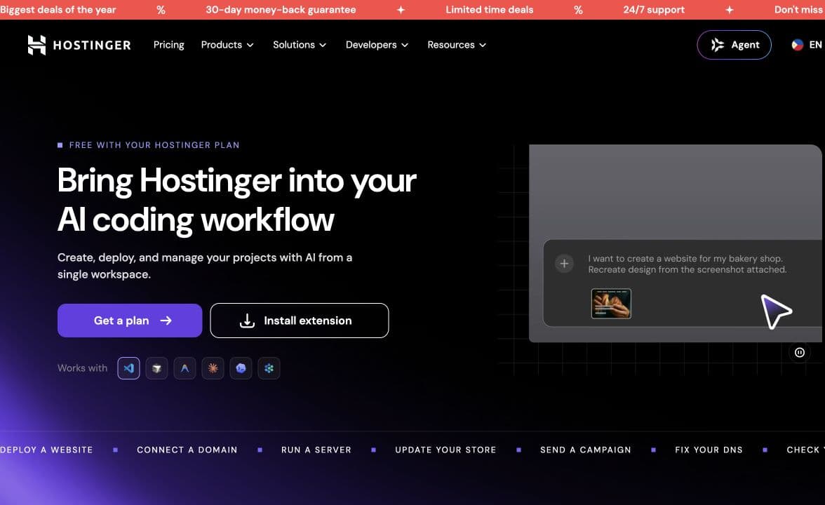 Hostinger Connector 官网截图:通过 AI 编程助手创建、部署与管理网站